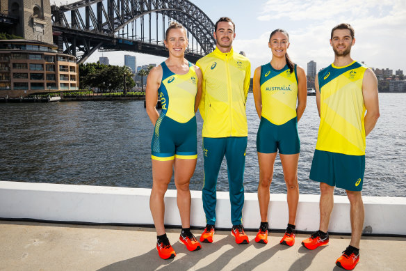 Lucy Stephan, Jake Birtwhistle, Katie Ebzery and Tom O’Halloran pose during Australia’s Olympic team uniform launch.