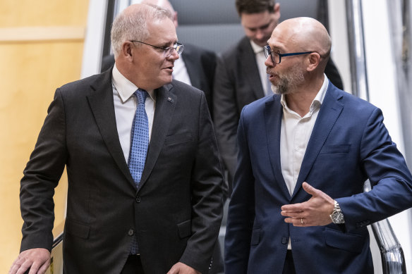 Prime Minister Scott Morrison (left) arrives at the Business Council of Australia’s annual dinner on Monday  with BCA president Tim Reed.