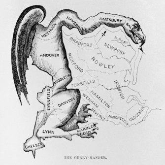 An 1812 cartoon shows the twisted boundaries of a Massachusetts electoral district said to resemble a salamander. The Gerry comes from a politician who approved the boundary changes. 