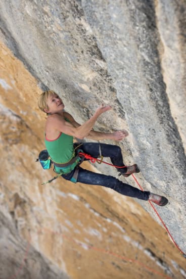 Monique Forestier climbing in Oliana, Spain.