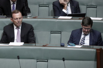 Tony Abbott on the backbench, listening to then prime minister Malcolm Turnbull speak in February 2018.