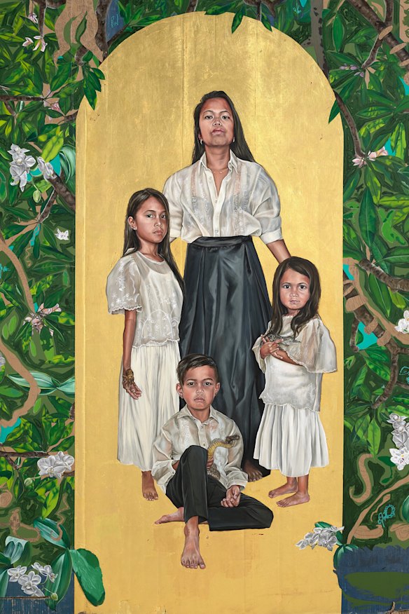 Marikit Santiago ‘Hallowed Be Thy Name (in collaboration with Maella Santiago, Santi Mateo Santiago and Sarita Santiago)’, acrylic, house paint, pen, oil and gold leaf on found cardboard.