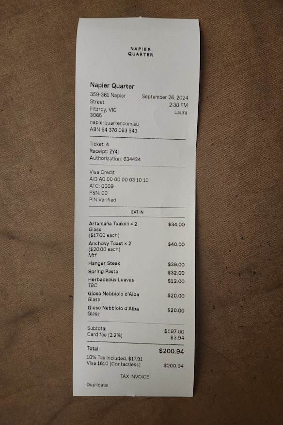 The bill at Napier Quarter.