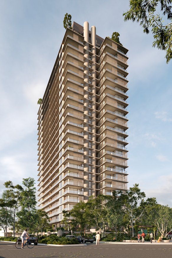 Architectural renderings of a proposed tower along King Arthur Terrace and Bedivere Street.