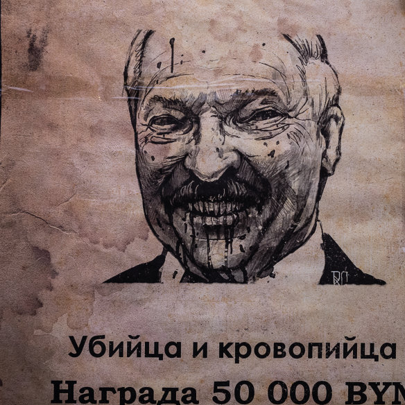 A wanted poster with an image of  Lukashenko at a rally in Minsk on August 18.
