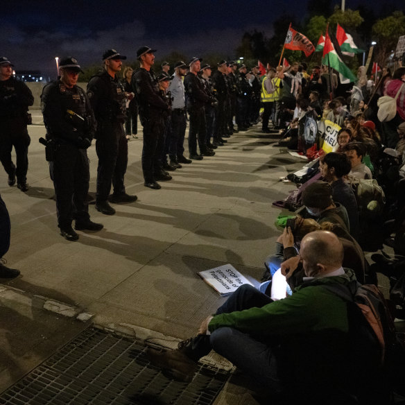 Police at the protest on Tuesday night.