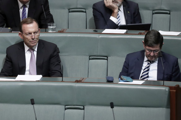 Tony Abbott on the backbench, listening to then prime minister Malcolm Turnbull speak in February 2018.