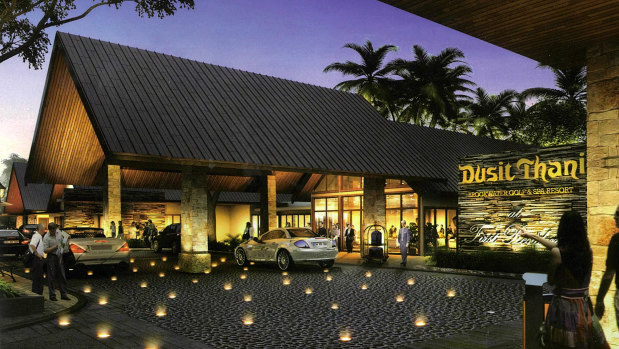 Artist impresions of the Dusit Thani Brookwater Golf and Spa Resort, found in promotional material.