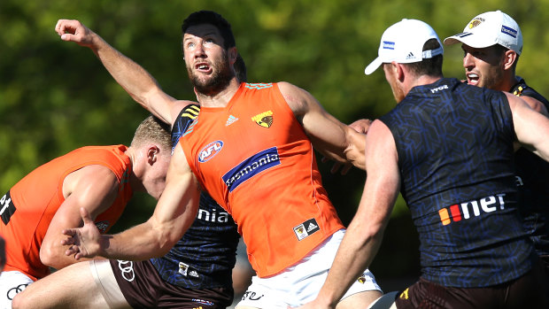 James Frawley looks to regain his touch at Hawthorn training last month.