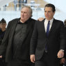 Gerard Depardieu, left, arrives at his trial this week for the alleged sexual assaults of two women on a film set in 2021, with his lawyer Jeremie Assous.