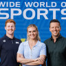 Col Pearse (Paralympian), Ariarne Titmus (Olympian) and James Bracey (broadcaster) pose for a photo at the Australian Open at Melbourne Park.