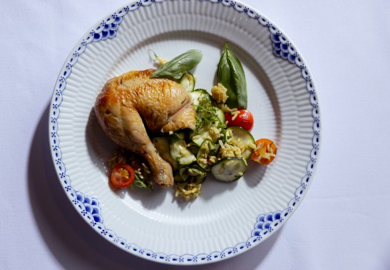 Chef Ben Greeno’s roast chook with zucchini and grapes.