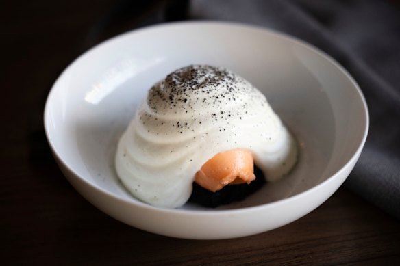 The carrot sorbet with yoghurt mousse and licorice cake is one of Cafe Paci’s signatures.