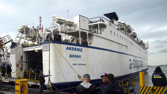 A ship of the Freedom Flotilla Coalition anchors at Tuzla seaport in Istanbul on Friday.