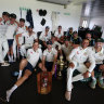 The Australians celebrate their series win in Sri Lanka.