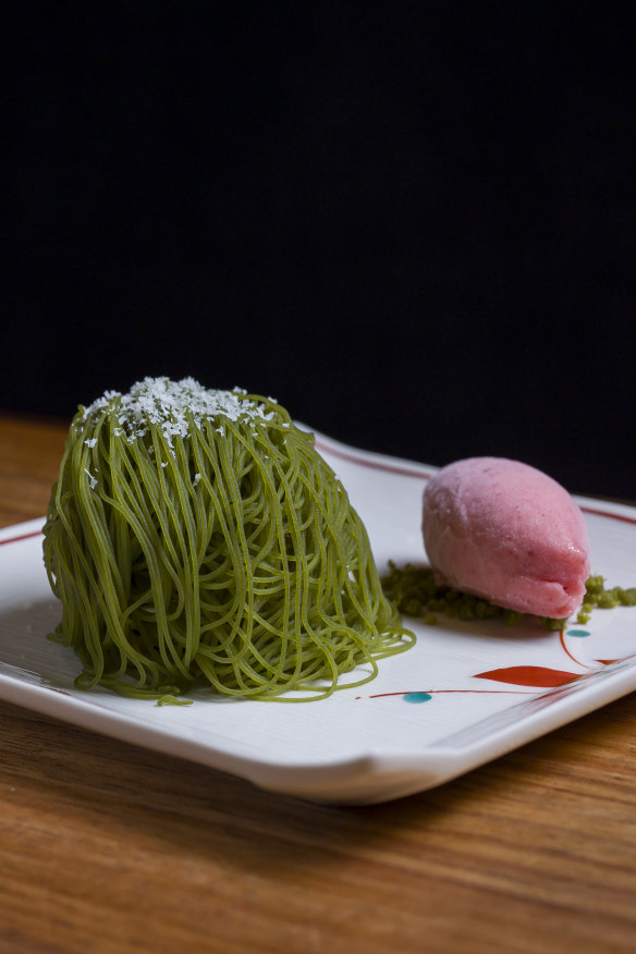Chestnut Mont Blanc with strawberry sudachi sorbet.
