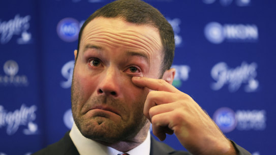 Boyd Cordner gets emotional as he announces his retirement at the SCG.