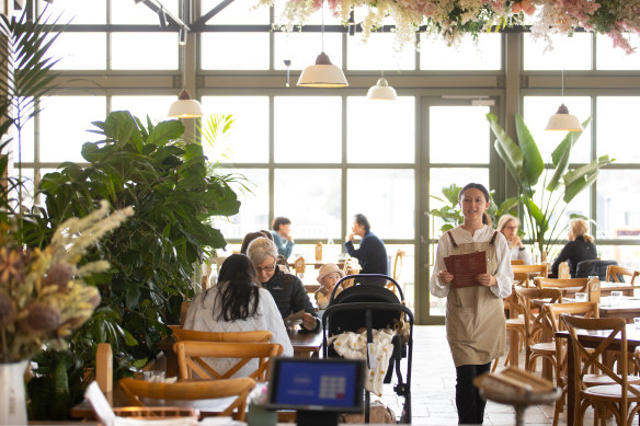 The light, airy cafe is located on a rooftop.