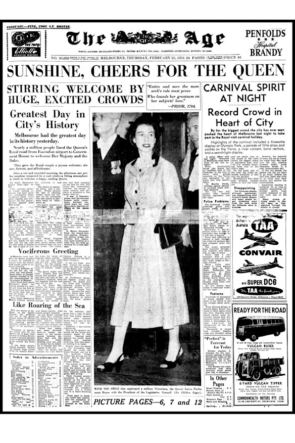 “Melbourne had its greatest day in history yesterday,” The Age declared on February 25, 1954, reporting on Queen Elizabeth and Prince Philip’s triumphant visit to Victoria during their 58-day tour of Australia. Nearly a million people lined the streets of Melbourne from Essendon Airport to Government House to give the royals a “joyous, sincere and fervent” welcome, The Age reported.


“After a wet and unsettled morning, the afternoon saw perfect sunshine tempered by a cool wind – a fitting atmosphere in which to welcome a happy, smiling Queen.”
