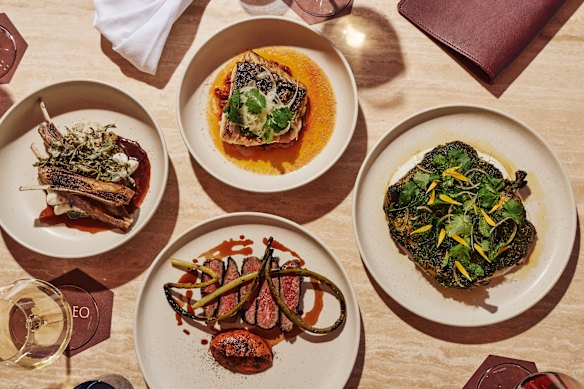 Dishes clockwise from bottom: Westholme wagyu steak; lamb ribs; line-caught fish; and barbecued spatchcock.