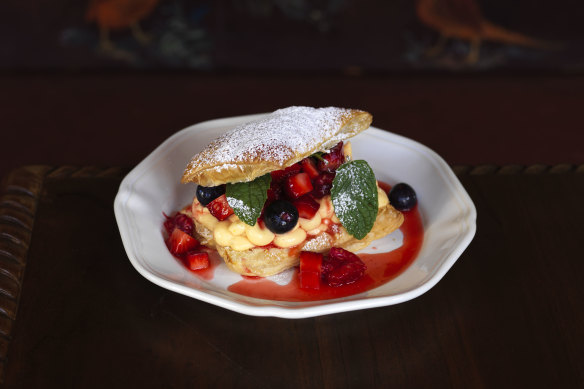 Millefoglie with layered puff pastry, Italian vanilla custard and mixed berries.