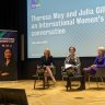 Kelly Beaver from Ipsos (left), Former Australian Prime Minister Julia Gillard (centre) and former British Prime Minister Theresa May (right) speaking at the Global Institute for Women’s Leadership at King’s College London.