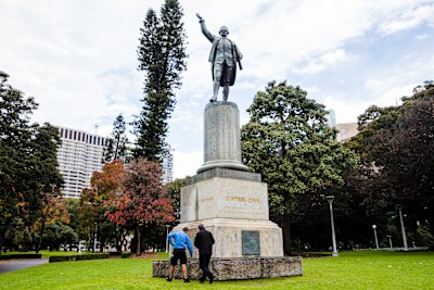 Captain James Cook  statue defaced at 4am but cleaned immediately, 2020. 