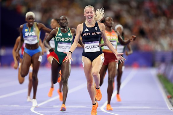 Gold medalist Keely Hodgkinson of Great Britain celebrates during the Women’s 800m Final