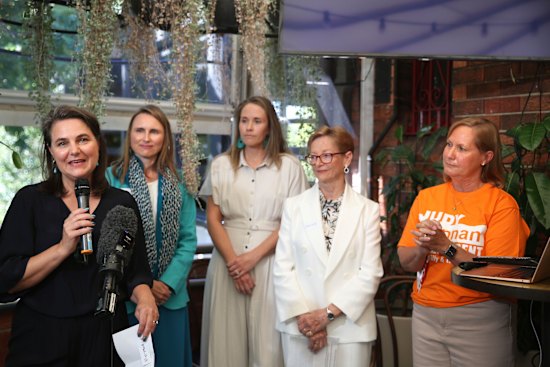 Independent member for Lane Cove Victoria Davidson addresses a Climate 200 event on Sunday flanked by other teal candidates.
