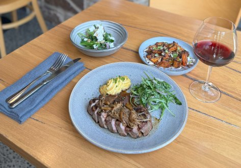 Steak with miso mushrooms and duchess potatoes.