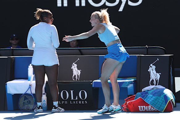 Katerina Siniakova (R) of Czechia and Taylor Townsend of the United States react in their Women’s Doubles Final match against Su-Wei Hsieh of Chinese Taipei and Jelena Ostapenko of Latvia.