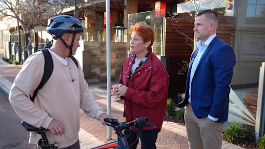 One Nation leader Pauline Hanson campaigns with candidate Luke Herdegen in Secret Harbor on Monday.