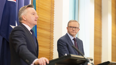 Labor climate change and energy spokesman Chris Bowen and Opposition leader Anthony Albanese announcing the party’s new climate policy. 