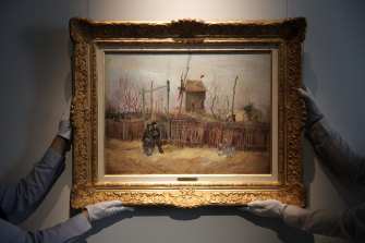 Street scene in Montmartre, an 1887 painting by Dutch master Vincent van Gogh, at Sotheby’s auction house in Paris.