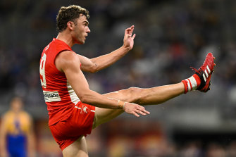 Will Hayward kicks on goal against the Eagles in Perth a fortnight ago.