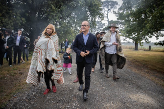 Aunty Geraldine Atkinson of the First Peoples’ Assembly with acting Premier James Merlino and (right) Marcus Stewart at the launch of the Yoo-rrook Justice Commission earlier this year.
