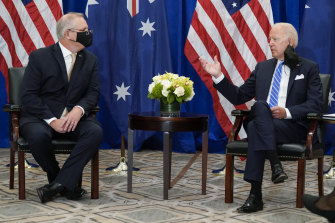 Scott Morrison with US President Joe Biden in New York after the AUKUS partnership was announced in September.