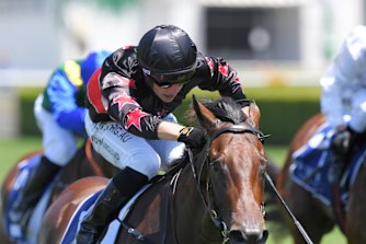 Tom Marquand riding Away Game to victory at Randwick on Saturday.