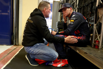 World champion Max Verstappen shares a moment with his dad Jos after the race.
