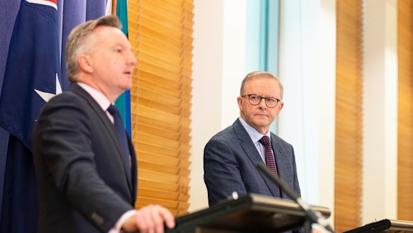 Labor climate change and energy spokesman Chris Bowen and Opposition leader Anthony Albanese announcing the party’s new climate policy. 