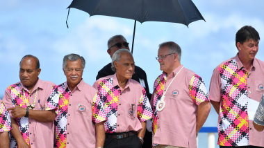 Prime Minister Scott Morrison with Pacific leaders, including Tonga's late Prime Minister 'Akilisi Pohiva, (centre) in Tuvalu last month.
