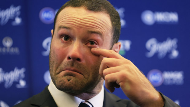 Boyd Cordner gets emotional as he announces his retirement at the SCG.