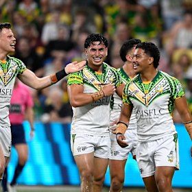 Rua Ngatikaura celebrates his try for the Cook Islands.