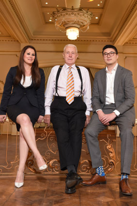 Melbourne caterer Peter Rowland, centre, and CEO of the Rowland Group, Emma Yee on the left, and investor Mohan Du to the right.