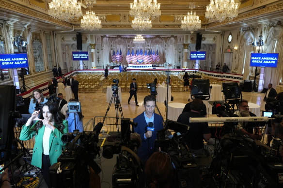 Reporters wait for Donald Trump in the ballroom of his resort on election night.