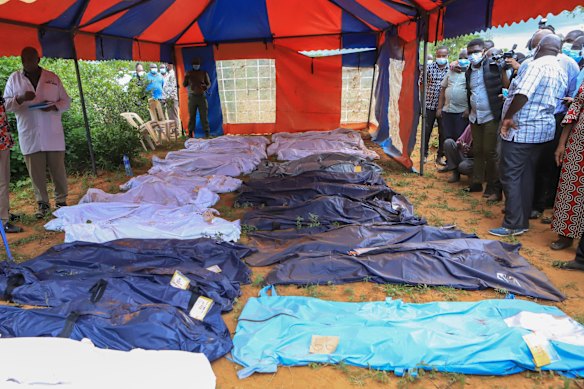 Body bags laid out at the scene where dozens of bodies of Mackenzie’s followers were found.
