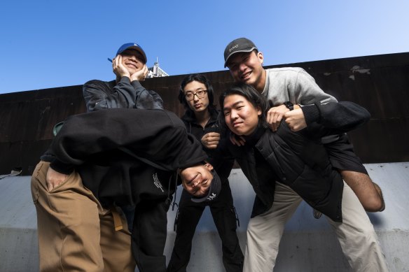 Korean Australian group 1300 from left to right: Pokari.sweat (Jason Vuong), Dali Hart (Andy Lim), Nerdie (Angus Jingoyo), Rako (Jihun Kong), and Goyo (Tae Kim).