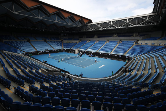 Margaret Court Arena was a crowd-free zone during last year’s Open, including this match between Yulia Putintseva and Elina Svitolina, who has expressed concerns about vaccines.