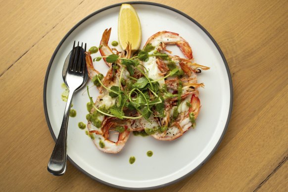 Wynne orders split prawns with sea herbs and gremolata. 