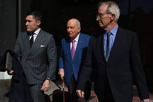 Alan Jones and his lawyers, Bryan Wrench and Chris Murphy, outside the Downing Centre Local Court on Wednesday.